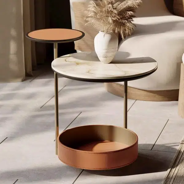 Contemporary Creative Round Cylinder Leather Marble Metal Side Table 2-Tier For Living Room - Image 8