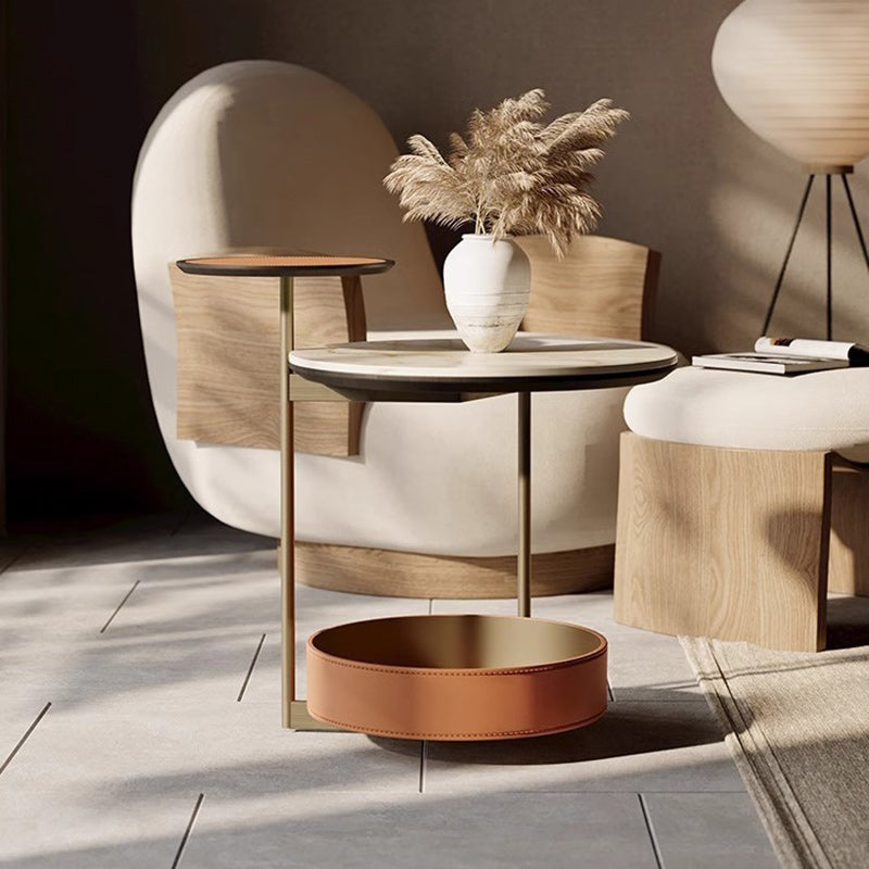 DFM-Table-FJ00241-6.jpg Contemporary Creative Round Cylinder Leather Marble Metal Side Table 2-Tier For Living Room - Image 1
