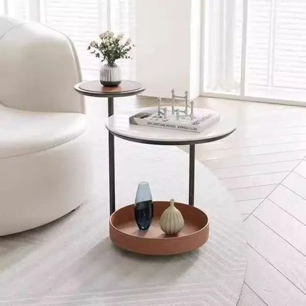 Contemporary Creative Round Cylinder Leather Marble Metal Side Table 2-Tier For Living Room - Image 2