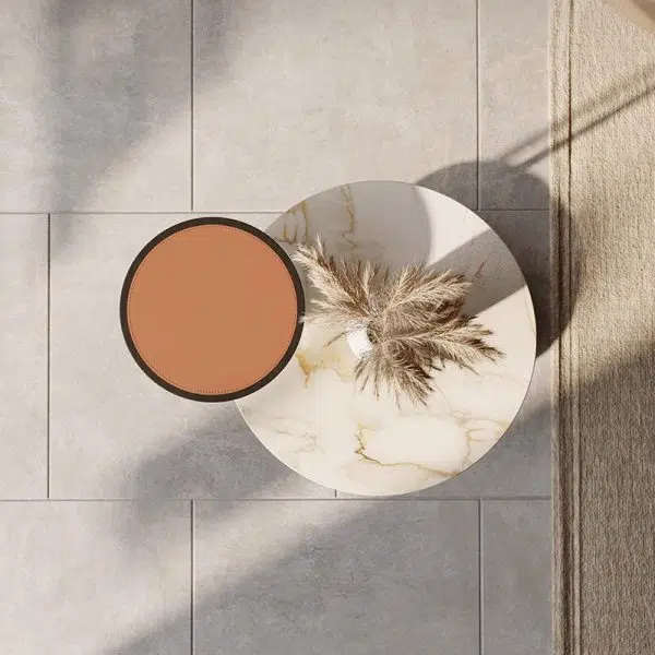 Contemporary Creative Round Cylinder Leather Marble Metal Side Table 2-Tier For Living Room - Image 5