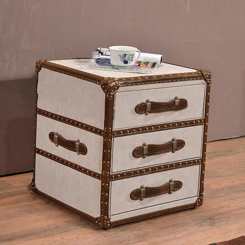 DFM-Table-FJ00290-4.jpg Contemporary Industrial Style Rectangular Leather Metal Side Table 3-Drawer For Living Room - Image 1