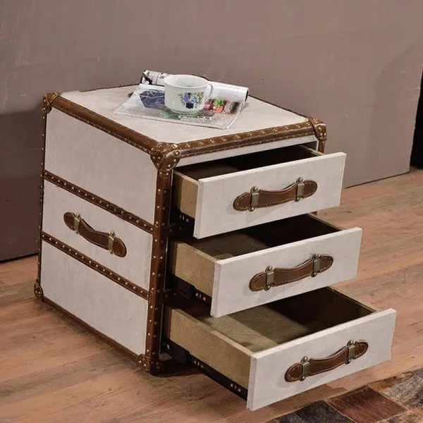 Contemporary Industrial Style Rectangular Leather Metal Side Table 3-Drawer For Living Room - Image 3