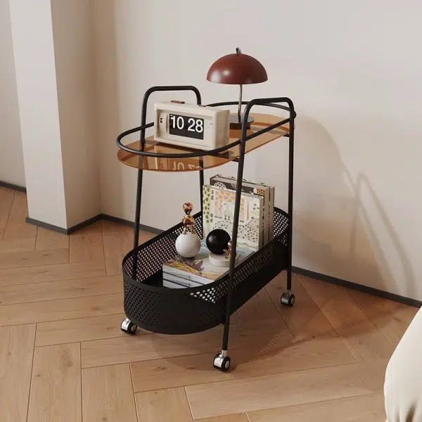 Contemporary Creative Oval Cylinder Tempered Glass Iron Side Table 2-Tier For Living Room - Image 11