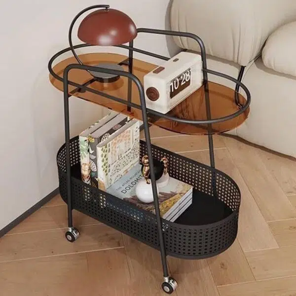 Contemporary Creative Oval Cylinder Tempered Glass Iron Side Table 2-Tier For Living Room - Image 12