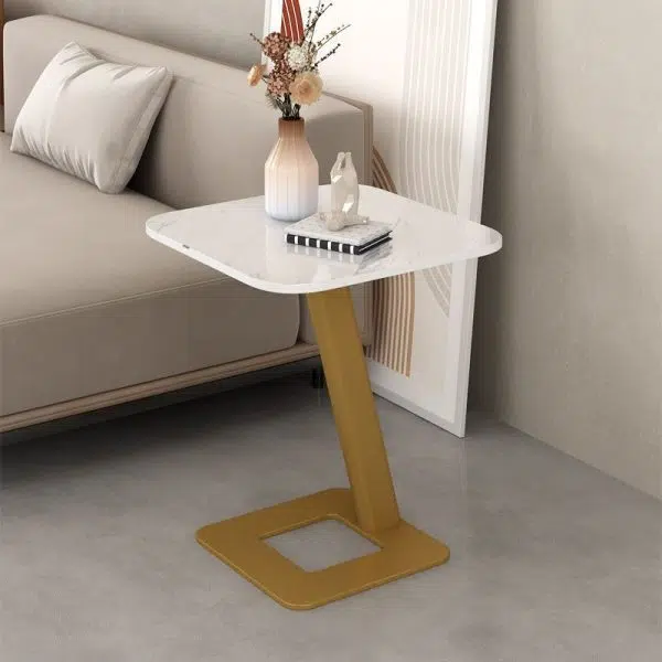 Contemporary Creative Round Square Stand Rock Slab Carbon Steel Side Table 1-Tier For Living Room - Image 2