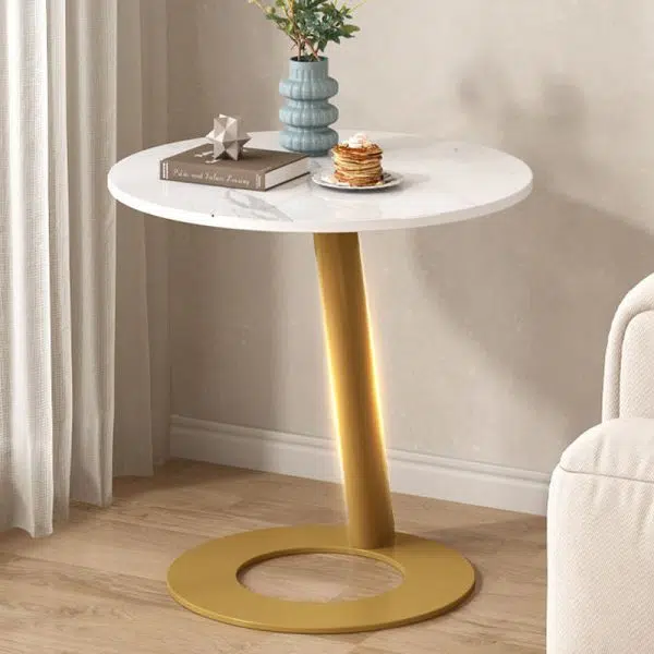 Contemporary Creative Round Square Stand Rock Slab Carbon Steel Side Table 1-Tier For Living Room - Image 4