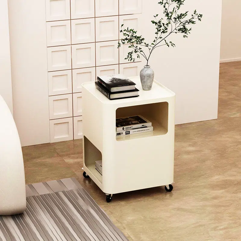 DFM-Table-FL03862-1.jpg Contemporary Nordic Square Iron Tray Top Nightstand 2-Cabinet Casters For Bedroom - Image 1