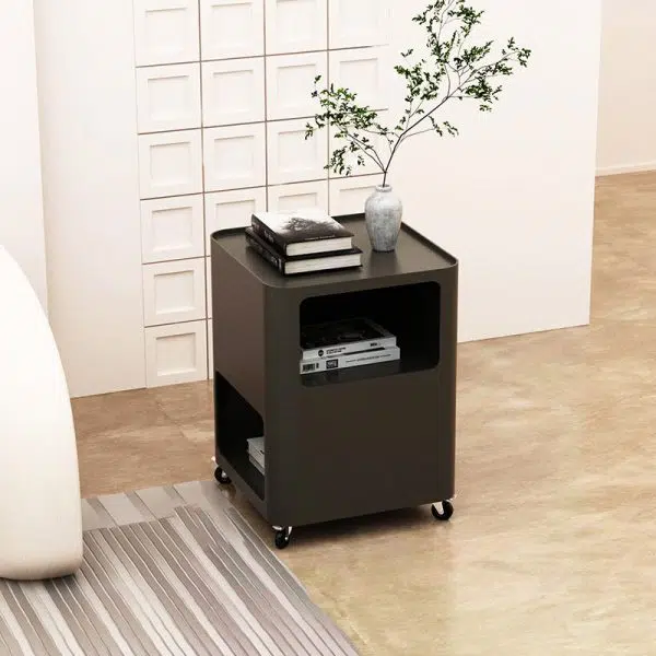 Contemporary Nordic Square Iron Tray Top Nightstand 2-Cabinet Casters For Bedroom - Image 2