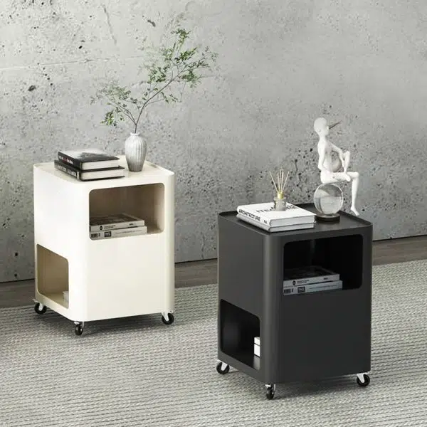 Contemporary Nordic Square Iron Tray Top Nightstand 2-Cabinet Casters For Bedroom - Image 8