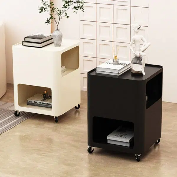 Contemporary Nordic Square Iron Tray Top Nightstand 2-Cabinet Casters For Bedroom - Image 4