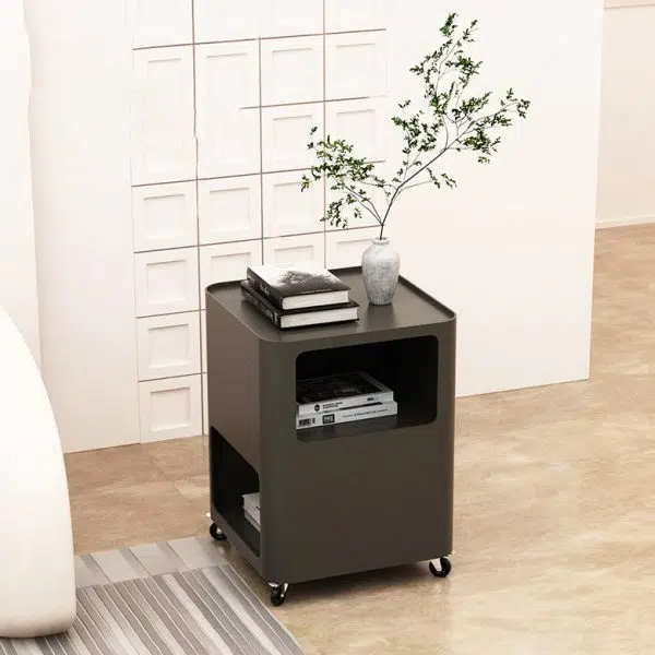 Contemporary Nordic Square Iron Tray Top Nightstand 2-Cabinet Casters For Bedroom - Image 7
