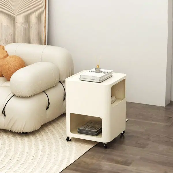 Contemporary Nordic Square Iron Tray Top Nightstand 2-Cabinet Casters For Bedroom - Image 5