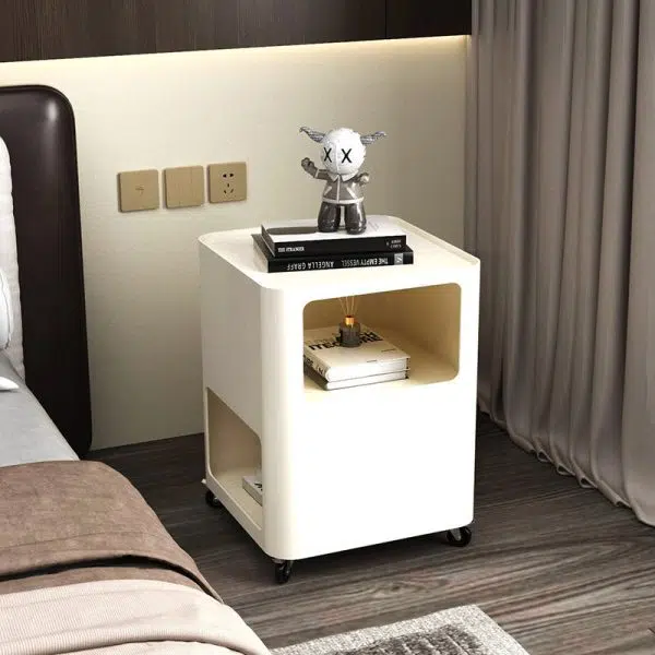 Contemporary Nordic Square Iron Tray Top Nightstand 2-Cabinet Casters For Bedroom - Image 6