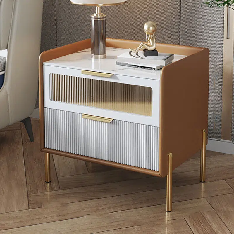 DFM-Table-FL03916-1.jpg Contemporary Nordic Square Sintered Stone Top Solid Wood Frame Microfiber Leather Nightstand 2-Drawer For Bedroom - Image 1