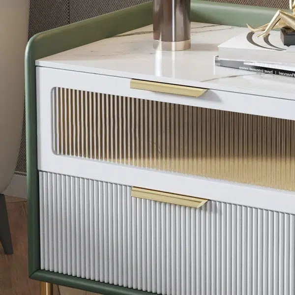 Contemporary Nordic Square Sintered Stone Top Solid Wood Frame Microfiber Leather Nightstand 2-Drawer For Bedroom - Image 4