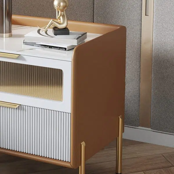 Contemporary Nordic Square Sintered Stone Top Solid Wood Frame Microfiber Leather Nightstand 2-Drawer For Bedroom - Image 5