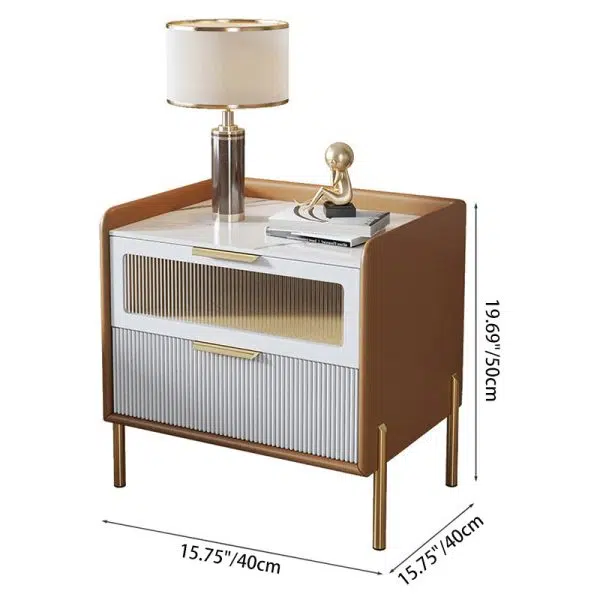 Contemporary Nordic Square Sintered Stone Top Solid Wood Frame Microfiber Leather Nightstand 2-Drawer For Bedroom - Image 3