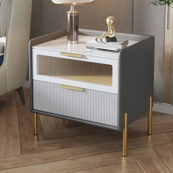 Contemporary Nordic Square Sintered Stone Top Solid Wood Frame Microfiber Leather Nightstand 2-Drawer For Bedroom - Image 2