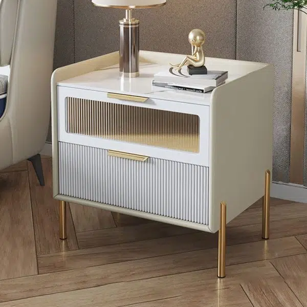 Contemporary Nordic Square Sintered Stone Top Solid Wood Frame Microfiber Leather Nightstand 2-Drawer For Bedroom - Image 6