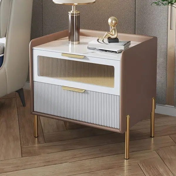 Contemporary Nordic Square Sintered Stone Top Solid Wood Frame Microfiber Leather Nightstand 2-Drawer For Bedroom - Image 8