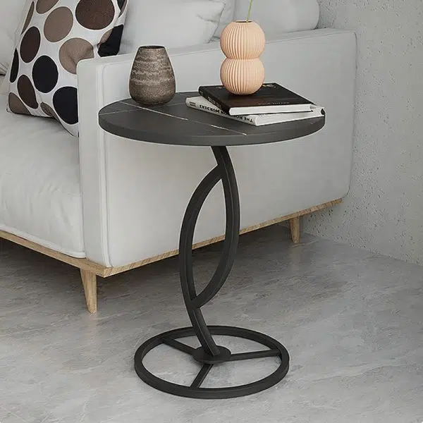 Contemporary Luxury Round Sintered Stone Top Carbon Steel End Table For Living Room - Image 10