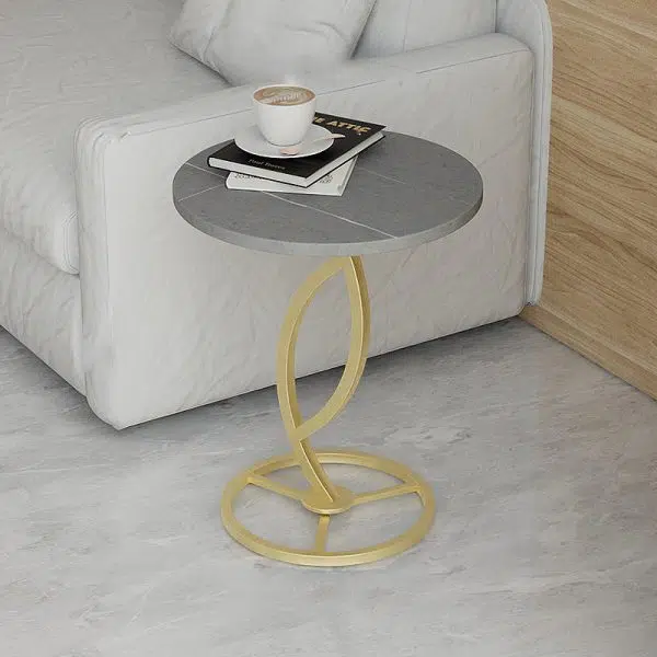 Contemporary Luxury Round Sintered Stone Top Carbon Steel End Table For Living Room - Image 2