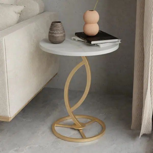Contemporary Luxury Round Sintered Stone Top Carbon Steel End Table For Living Room - Image 17