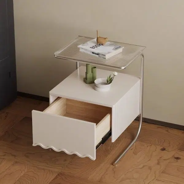 Contemporary Nordic Rectangular Glass Top Solid Wood Nightstand Drawer For Bedroom - Image 5