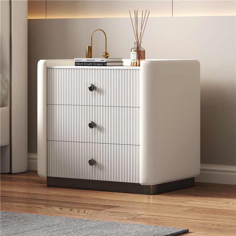 DFM-Table-FL04055-1.jpg Contemporary Nordic Square Sintered Stone Top Solid Wood Leather Nightstand 3-Drawer For Bedroom - Image 1