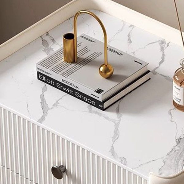 Contemporary Nordic Square Sintered Stone Top Solid Wood Leather Nightstand 3-Drawer For Bedroom - Image 6