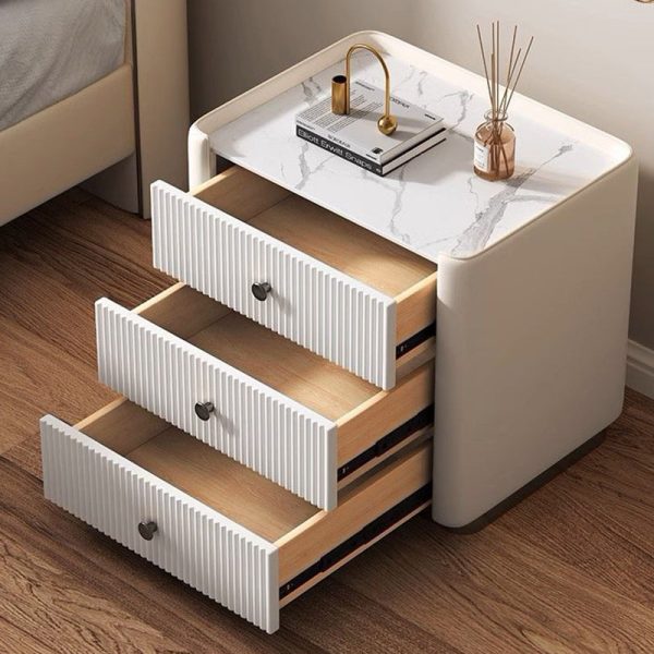 Contemporary Nordic Square Sintered Stone Top Solid Wood Leather Nightstand 3-Drawer For Bedroom - Image 7