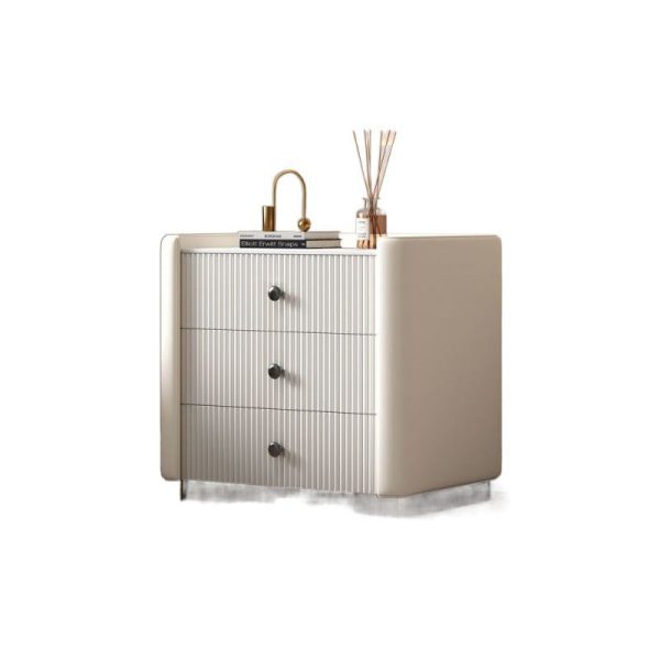 Contemporary Nordic Square Sintered Stone Top Solid Wood Leather Nightstand 3-Drawer For Bedroom - Image 14