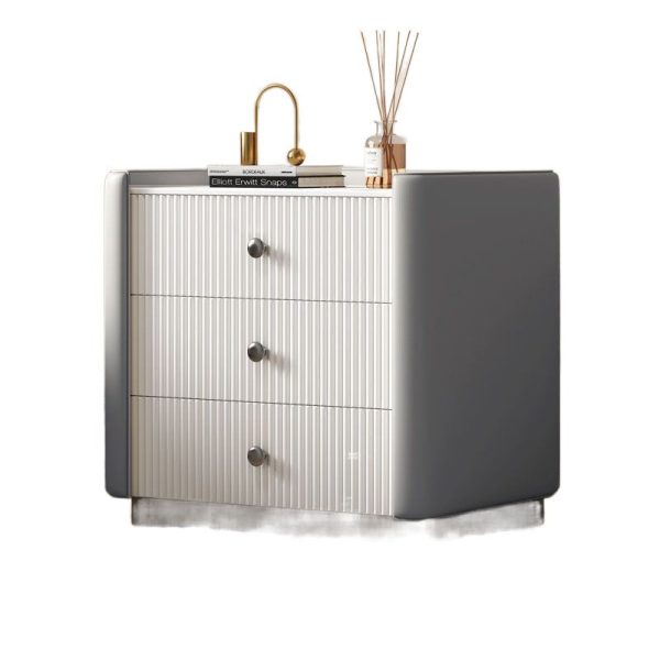 Contemporary Nordic Square Sintered Stone Top Solid Wood Leather Nightstand 3-Drawer For Bedroom - Image 15