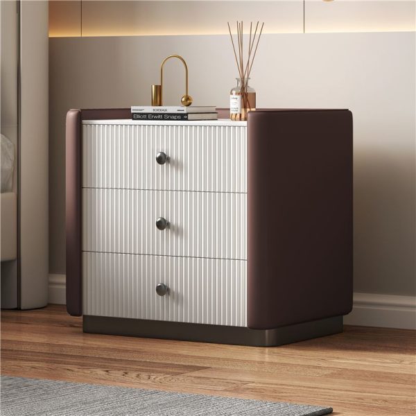 Contemporary Nordic Square Sintered Stone Top Solid Wood Leather Nightstand 3-Drawer For Bedroom - Image 2