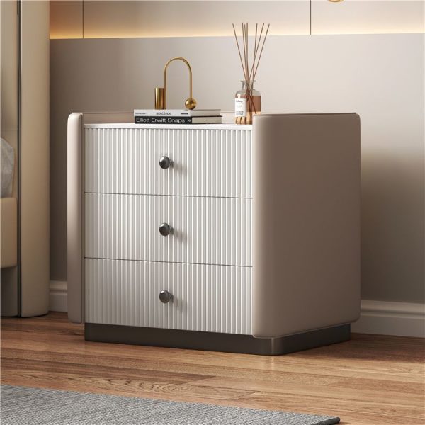 Contemporary Nordic Square Sintered Stone Top Solid Wood Leather Nightstand 3-Drawer For Bedroom - Image 3