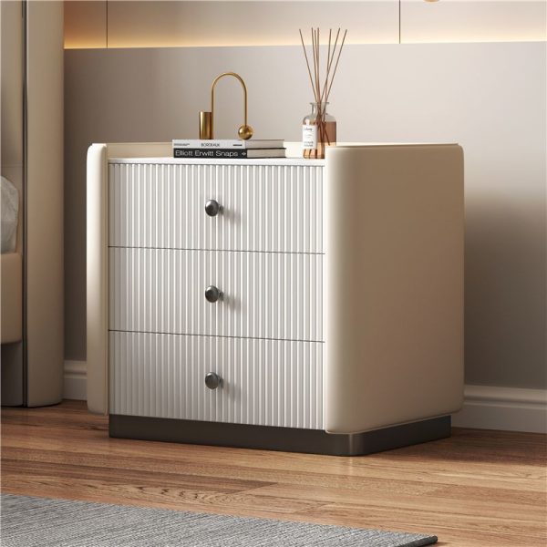 Contemporary Nordic Square Sintered Stone Top Solid Wood Leather Nightstand 3-Drawer For Bedroom - Image 9