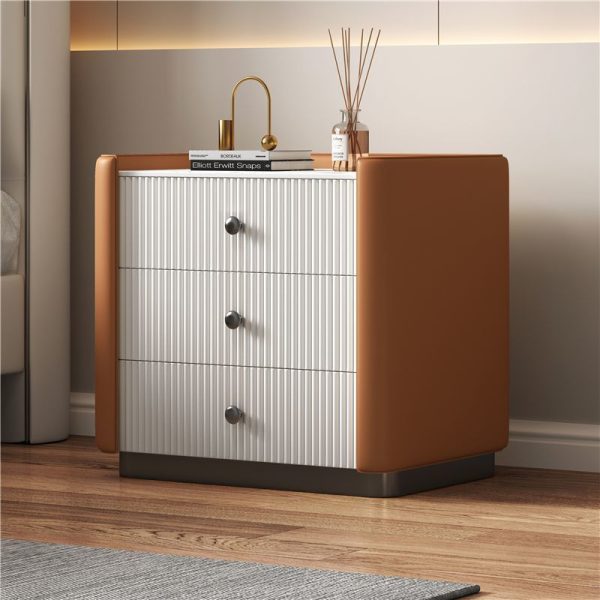 Contemporary Nordic Square Sintered Stone Top Solid Wood Leather Nightstand 3-Drawer For Bedroom - Image 10