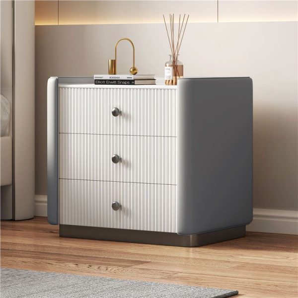 Contemporary Nordic Square Sintered Stone Top Solid Wood Leather Nightstand 3-Drawer For Bedroom - Image 11