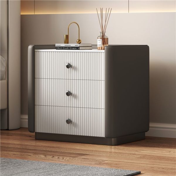 Contemporary Nordic Square Sintered Stone Top Solid Wood Leather Nightstand 3-Drawer For Bedroom - Image 12