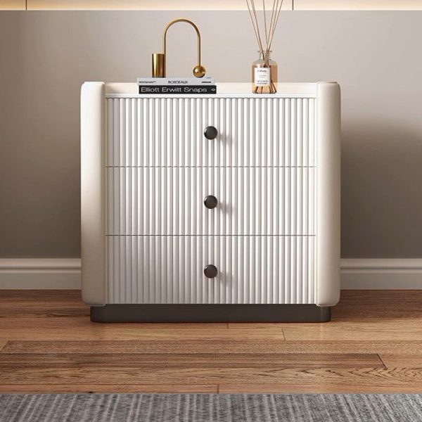 Contemporary Nordic Square Sintered Stone Top Solid Wood Leather Nightstand 3-Drawer For Bedroom - Image 13