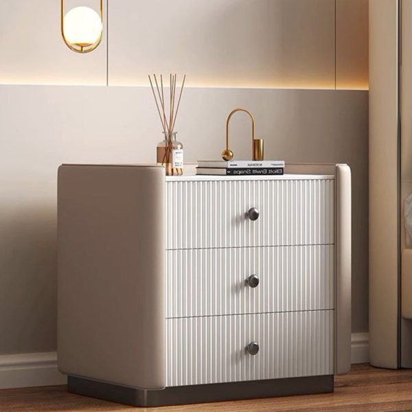 Contemporary Nordic Square Sintered Stone Top Solid Wood Leather Nightstand 3-Drawer For Bedroom - Image 8