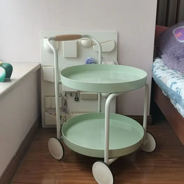 Contemporary Nordic ABS Round Top Iron Frame End Table Rolling Cart 2-Tier For Living Room - Image 3