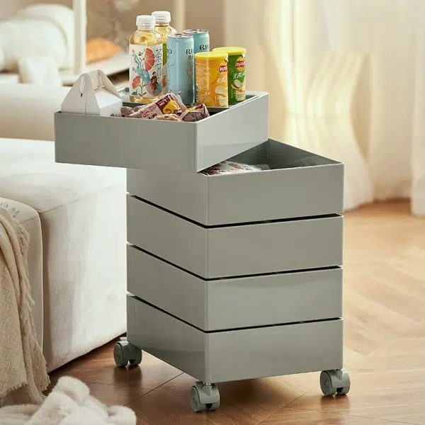 Contemporary Nordic Square ABS Rotating Drawer End Table 5-Tier Casters For Bedroom - Image 3