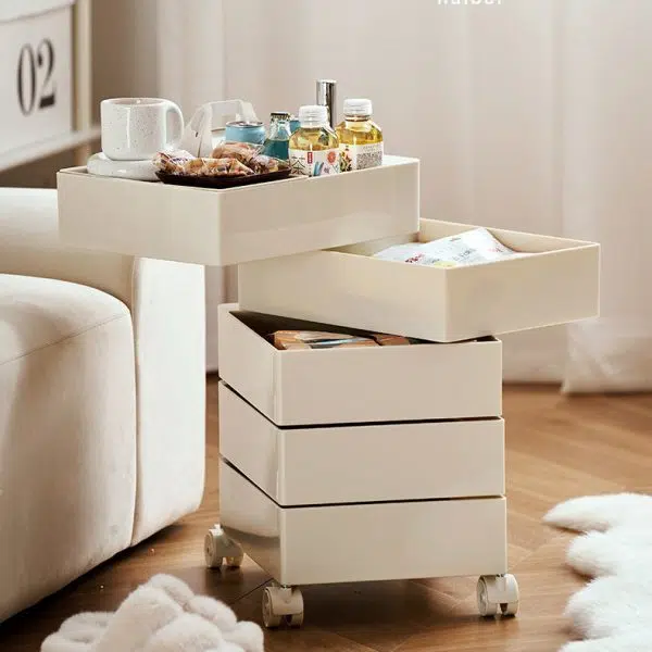 Contemporary Nordic Square ABS Rotating Drawer End Table 5-Tier Casters For Bedroom - Image 8