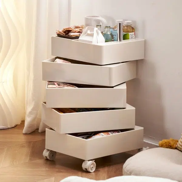 Contemporary Nordic Square ABS Rotating Drawer End Table 5-Tier Casters For Bedroom - Image 2