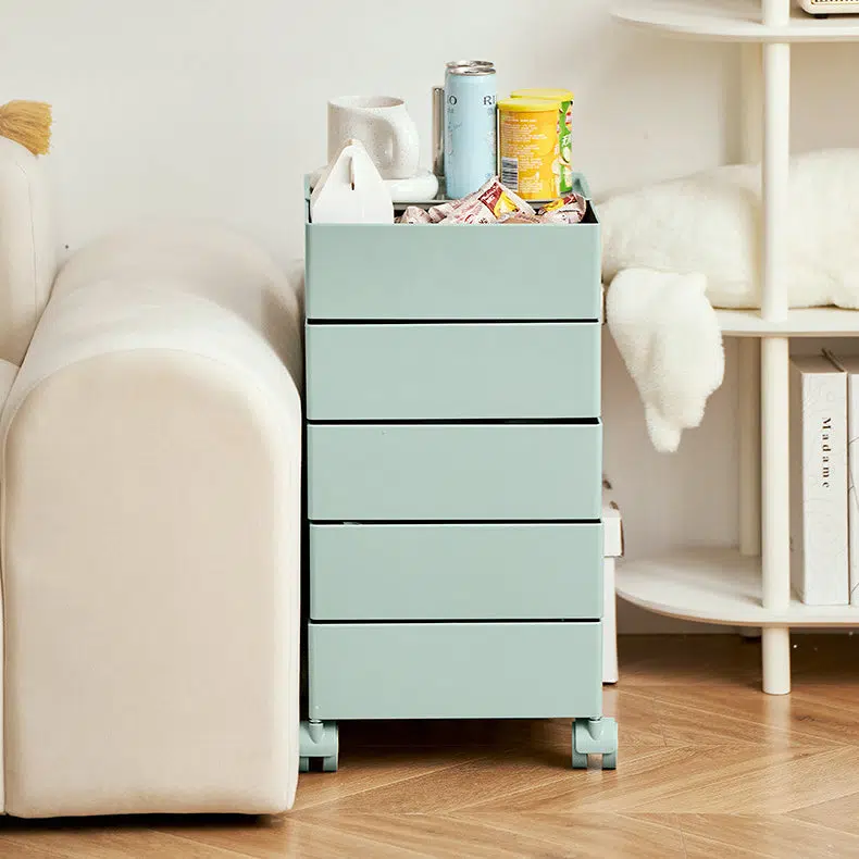 DFM-Table-FL04114-8.jpg Contemporary Nordic Square ABS Rotating Drawer End Table 5-Tier Casters For Bedroom - Image 1