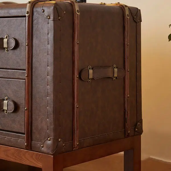 Contemporary Retro Leather Solid Wood Square Nightstand 2-Drawer For Bedroom - Image 6