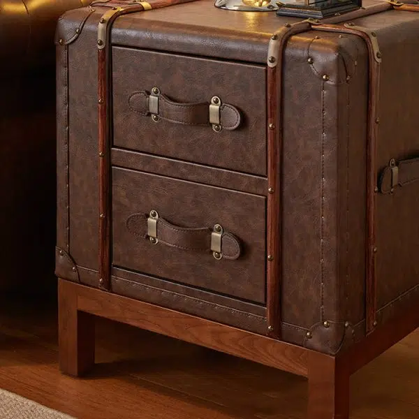 Contemporary Retro Leather Solid Wood Square Nightstand 2-Drawer For Bedroom - Image 8