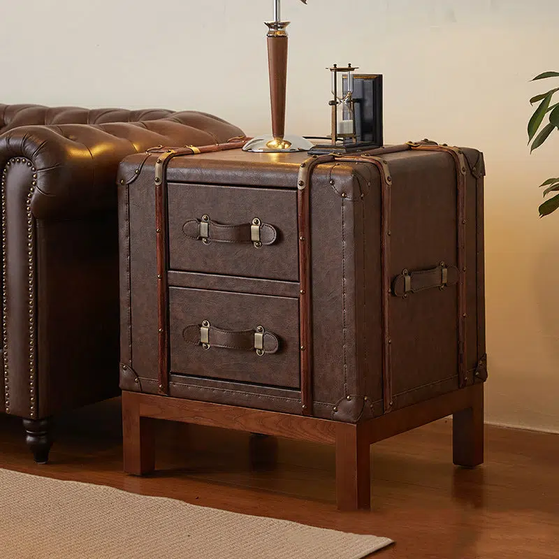 DFM-Table-FL04119-12.jpg Contemporary Retro Leather Solid Wood Square Nightstand 2-Drawer For Bedroom - Image 1