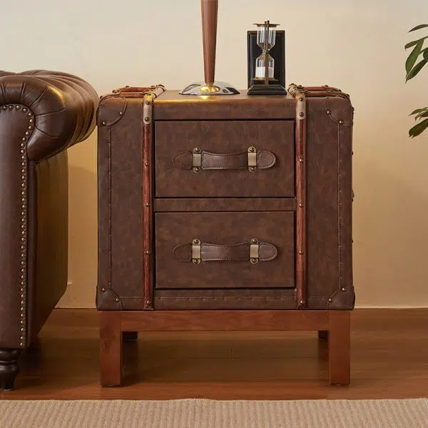 Contemporary Retro Leather Solid Wood Square Nightstand 2-Drawer For Bedroom - Image 2